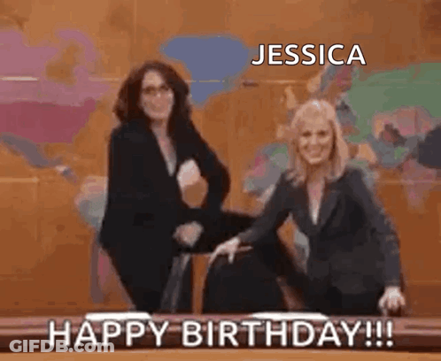 Two Women Are Sitting Next To Each Other And Laughing With The Words `` Happy Birthday !!! '' GIF