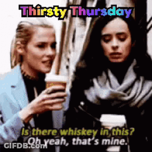 Two Women Are Sitting Next To Each Other Drinking Coffee And Talking About Whiskey . GIF