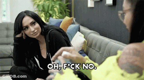 Two Women Are Sitting On A Couch Talking To Each Other And One Woman Is Saying Oh , F * Ck No . GIF