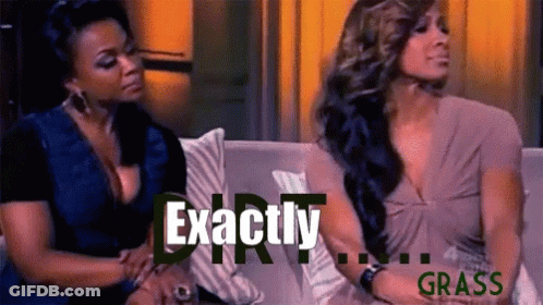 Two Women Are Sitting On A Couch With The Words Exactly Dirty And Grass In The Background GIF