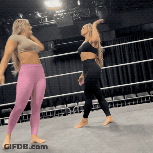 Two Women Are Standing In A Wrestling Ring And One Is Wearing Pink Pants GIF