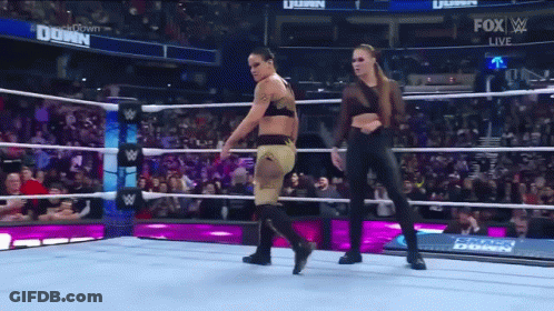 Two Women Are Standing In A Wrestling Ring With The Words Fox On The Bottom GIF