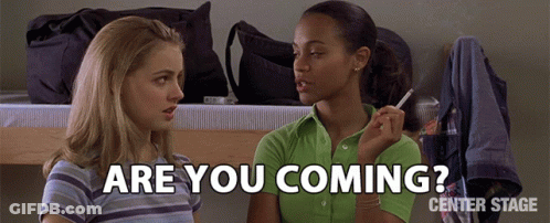 Two Women Are Standing Next To Each Other And The Words Are You Coming Center Stage GIF