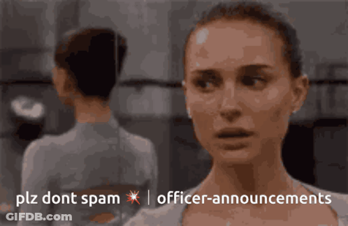 Two Women Are Standing Next To Each Other With The Words " Officer-Announcements " On The Bottom GIF