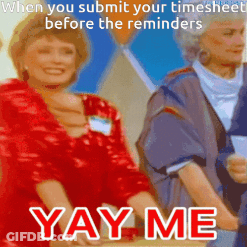 Two Women Are Standing Next To Each Other With The Words " Yay Me " Written On The Bottom GIF