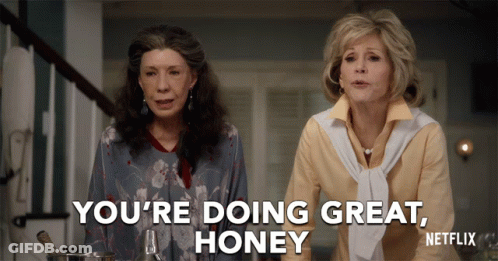 Two Women Are Standing Next To Each Other With The Words You 'Re Doing Great Honey GIF