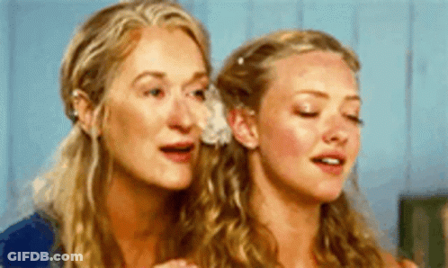 Two Women Are Standing Next To Each Other With Their Eyes Closed And Their Mouths Open . GIF