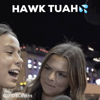 Two Women Are Talking Into Microphones And The Words Hawk Tuah Are On The Bottom GIF