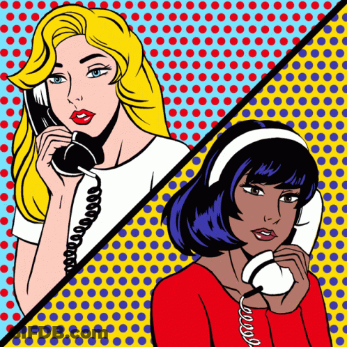 Two Women Are Talking On Telephones In A Pop Art Style GIF