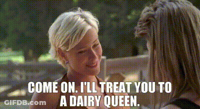 Two Women Are Talking To Each Other And One Of Them Says " Come On I 'Ll Treat You To A Dairy Queen " GIF