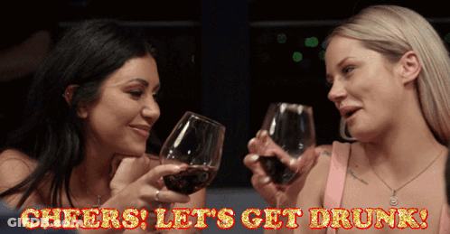 Two Women Are Toasting With Wine Glasses And The Words Cheers Let 'S Get Drunk GIF