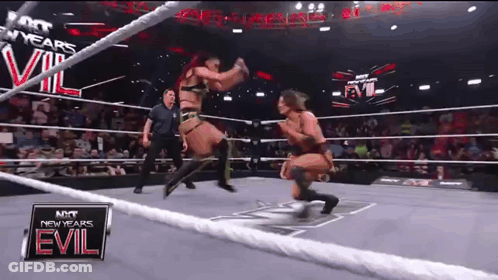 Two Women Are Wrestling In A Ring With A Sign That Says Evil GIF
