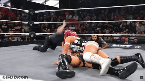 Two Women Are Wrestling In A Wrestling Ring With A Crowd Watching . GIF