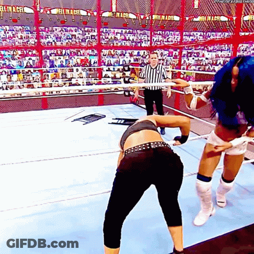 Two Women Are Wrestling In A Wrestling Ring With A Referee Watching . GIF