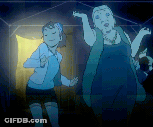 Two Women Dancing In Dark Room GIF