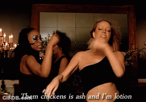 Two Women Dancing In Front Of Mirror With Them Chickens Is Ash And I'm Lotion GIF