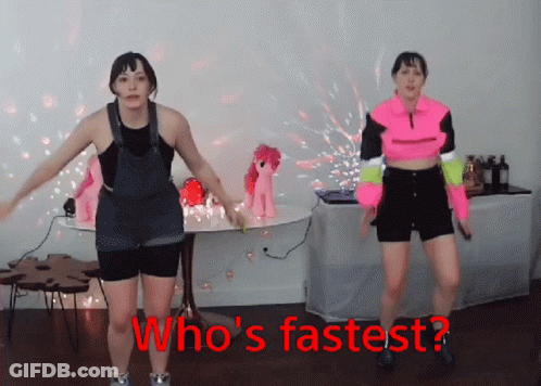 Two Women Dancing Who's Fastest Red Text GIF