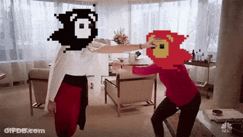 Two Women Dancing With Pixelated Face On Head GIF
