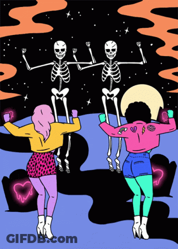 Two Women Dancing With Skeletons GIF