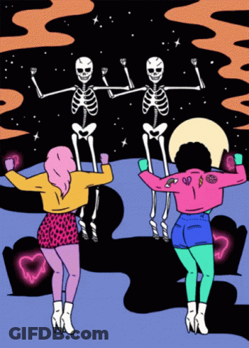 Two Women Dancing With Skeletons GIF