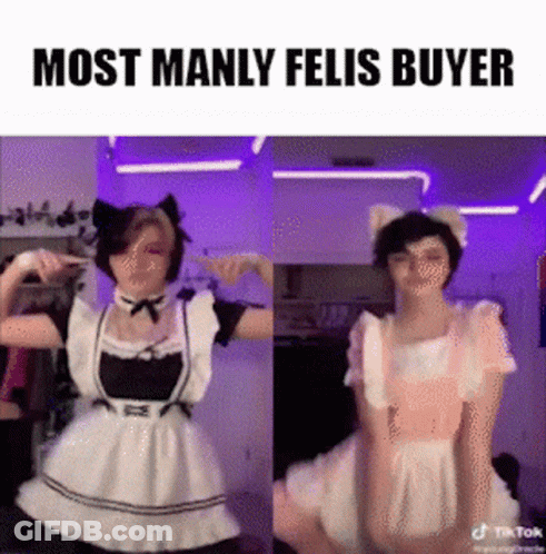Two Women Dressed As Maids Are Dancing In A Room With The Caption `` Most Manly Felis Buyer '' . GIF