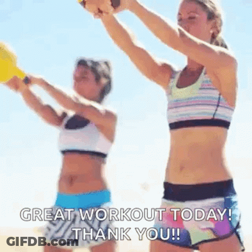 Two Women Exercising On Beach Saying Great Workout Today Thank You GIF