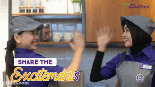 Two Women Giving Each Other A High Five With The Words Share The Excitements In The Background GIF