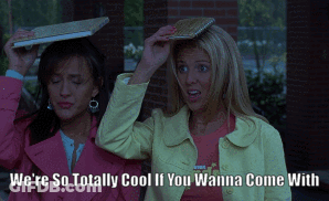 Two Women Holding Notebooks On Heads We're So Totally Cool If You Wanna Come With GIF