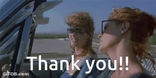 Two Women In A Car With The Words Thank You Written On The Bottom GIF