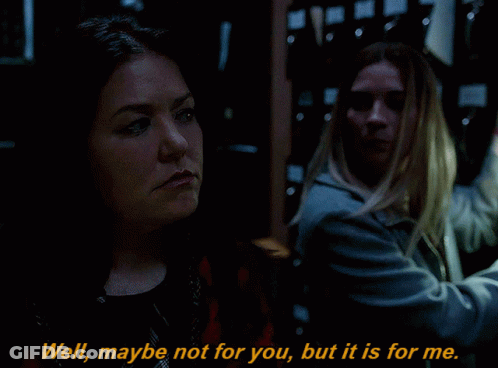 Two Women In A Dark Room With The Words Well Maybe Not For You But It Is For Me GIF