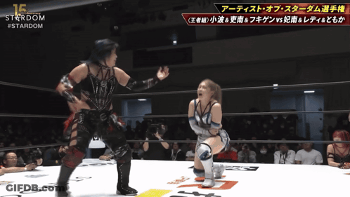 Two Women In A Wrestling Ring With The Number 15 On The Bottom Right GIF
