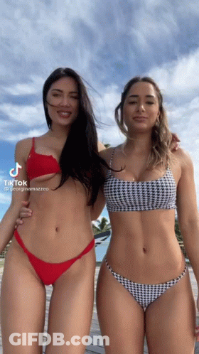 Two Women In Bikinis Are Standing Next To Each Other On A Pier . GIF