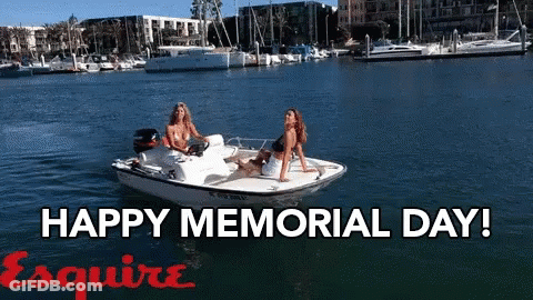 Two Women In Boat Saying Happy Memorial Day GIF
