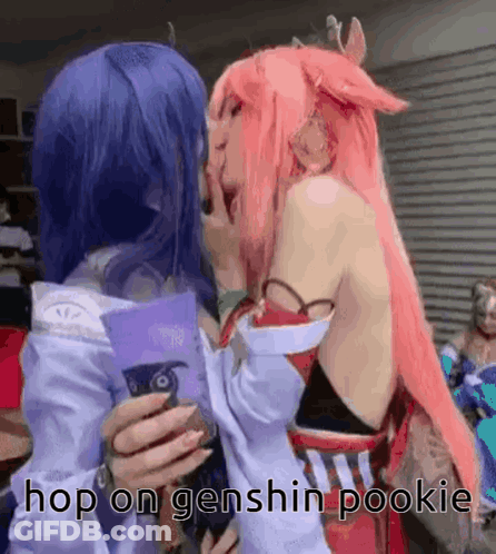 Two Women In Cosplay Are Kissing Each Other With The Words `` Hop On Genshin Pookie '' Written On The Bottom . GIF