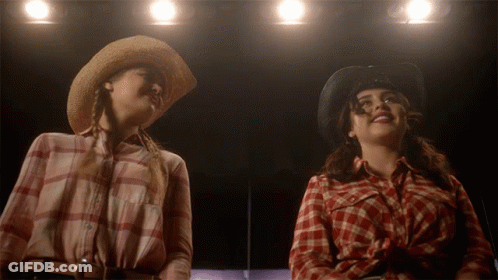 Two Women In Cowboy Hats And Plaid Shirts Looking Up GIF