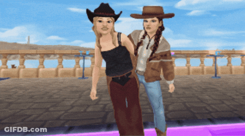 Two Women In Cowboy Hats Standing In Video Game GIF