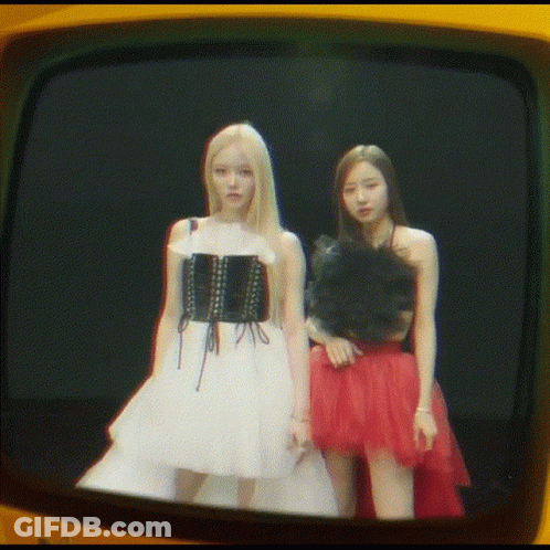 Two Women In Dresses Are Standing Next To Each Other In Front Of A Yellow Television Screen . GIF