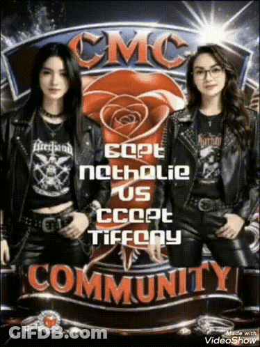 Two Women In Leather Jackets In Front Of CMC Logo GIF