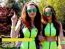 Two Women In Neon Green Outfits And Sunglasses GIF