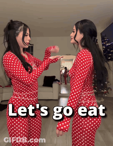 Two Women In Red Polka Dot Pajamas Dancing Let's Go Eat GIF