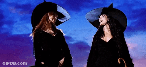 Two Women In Witch Costumes Are Standing Next To Each Other . GIF