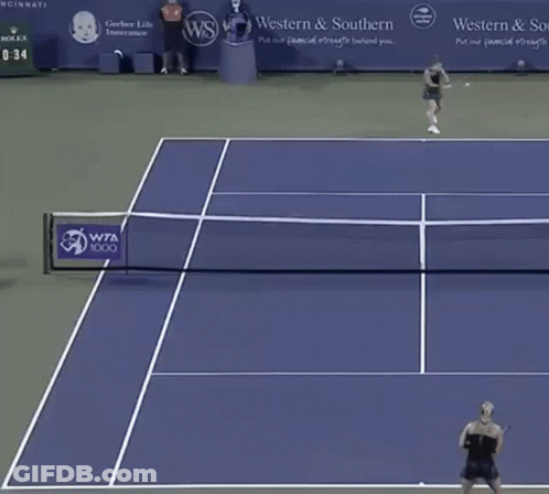 Two Women Playing Tennis With Western Southern Banner GIF