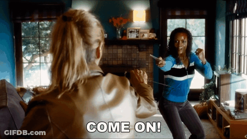 Two Women Playing Video Game Saying Come On GIF