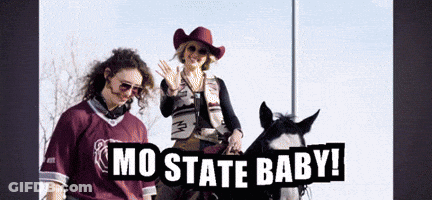 Two Women Riding Horses With The Words Mo State Baby Written On The Bottom GIF