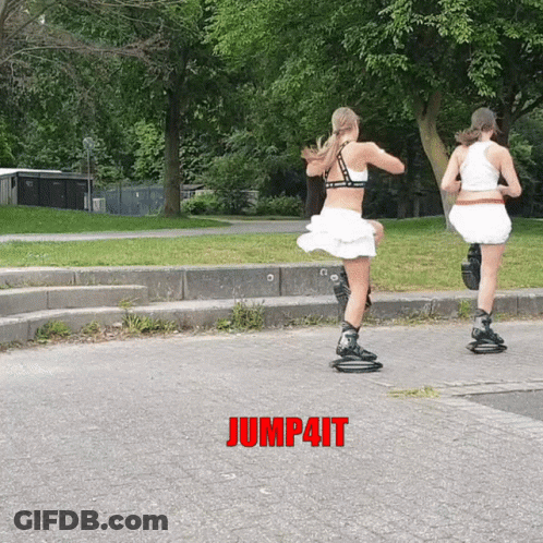 Two Women Rollerblading Jump4It Red GIF
