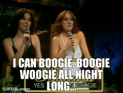Two Women Singing Into Microphones Boogie Woogie All Night GIF