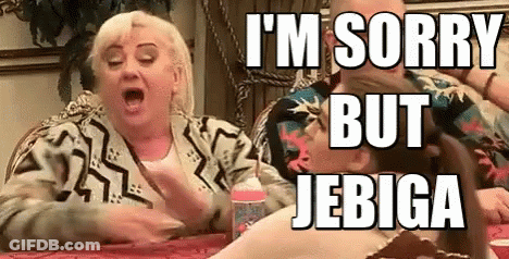 Two Women Sitting At Table Saying I'm Sorry But Jebiga GIF