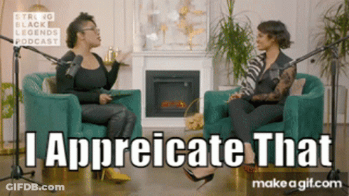 Two Women Sitting By Fireplace Saying I Appreciate That GIF