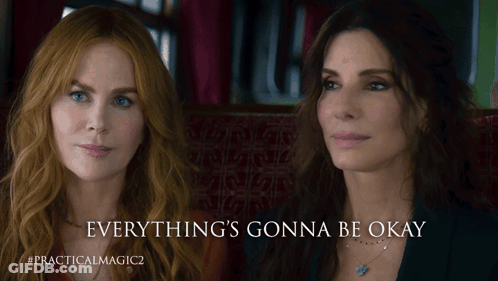 Two Women Sitting Next To Each Other With The Words Everything 'S Gonna Be Okay On The Bottom GIF