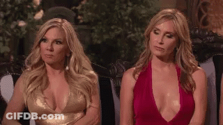 Two Women Sitting On Couch, One In Plunging Dress GIF
